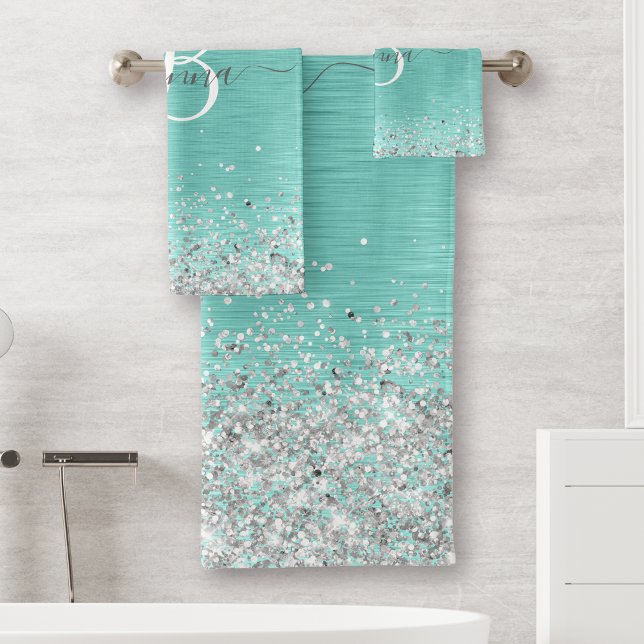 Teal Brushed Metal Silver Glitter Monogram Name Bath Towel Set (Creator Uploaded)