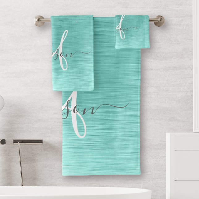 Teal Brushed Metal Silver Glitter Monogram Name Bath Towel Set (Creator Uploaded)