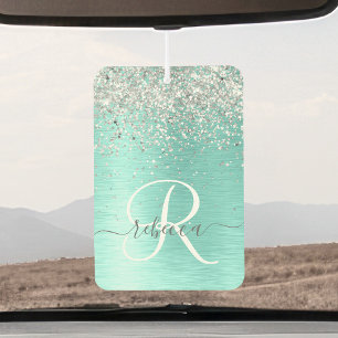 Teal Brushed Metal Silver Glitter Monogram Name Car Air Freshener
