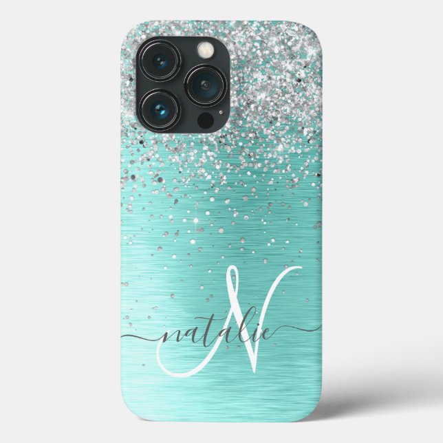 Teal Brushed Metal Silver Glitter Monogram Name Case-Mate iPhone Case (Back)