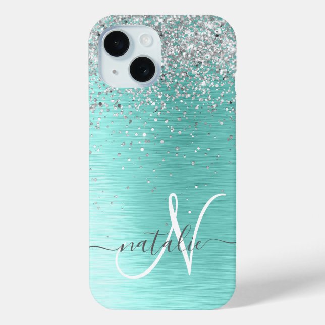 Teal Brushed Metal Silver Glitter Monogram Name Case-Mate iPhone Case (Back)