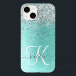 Teal Brushed Metal Silver Glitter Monogram Name Case-Mate iPhone 14 Case<br><div class="desc">Easily personalise this trendy chic phone case design featuring pretty silver sparkling glitter on a teal brushed metallic background.</div>