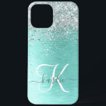 Teal Brushed Metal Silver Glitter Monogram Name iPhone 12 Pro Max Case<br><div class="desc">Easily personalise this trendy chic phone case design featuring pretty silver sparkling glitter on a teal brushed metallic background.</div>