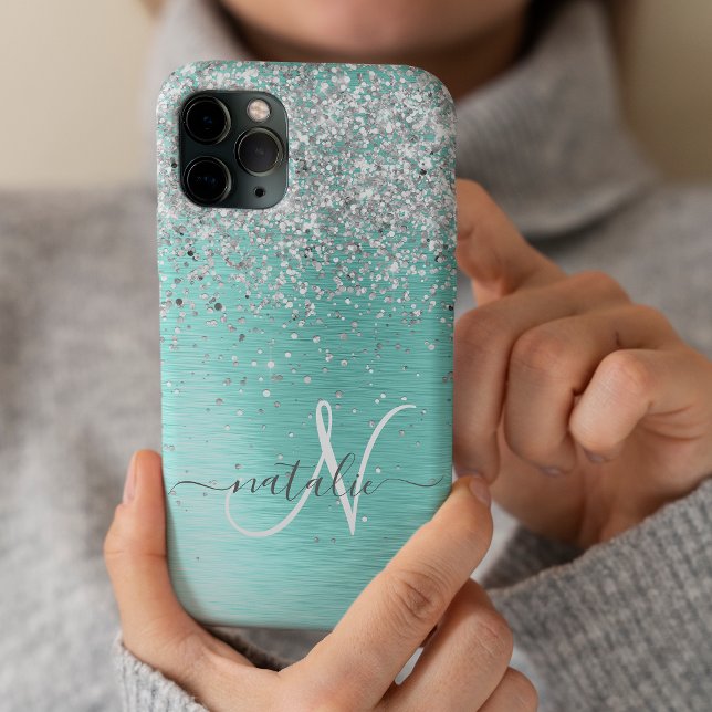 Teal Brushed Metal Silver Glitter Monogram Name Case-Mate iPhone Case (Creator Uploaded)