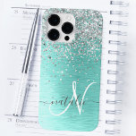 Teal Brushed Metal Silver Glitter Monogram Name Case-Mate iPhone 14 Pro Max Case<br><div class="desc">Easily personalise this trendy chic phone case design featuring pretty silver sparkling glitter on a teal brushed metallic background.</div>