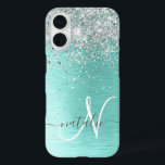 Teal Brushed Metal Silver Glitter Monogram Name iPhone 16 Case<br><div class="desc">Easily personalise this trendy chic phone case design featuring pretty silver sparkling glitter on a teal brushed metallic background.</div>