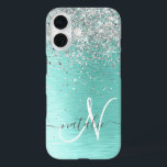 Teal Brushed Metal Silver Glitter Monogram Name iPhone 16 Case<br><div class="desc">Easily personalise this trendy chic phone case design featuring pretty silver sparkling glitter on a teal brushed metallic background.</div>