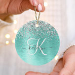 Teal Brushed Metal Silver Glitter Monogram Name Ceramic Tree Decoration<br><div class="desc">Easily personalise this trendy chic ornament design featuring pretty silver sparkling glitter on a teal brushed metallic background.</div>