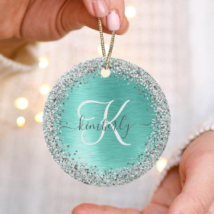 Teal Brushed Metal Silver Glitter Monogram Name Ceramic Tree Decoration