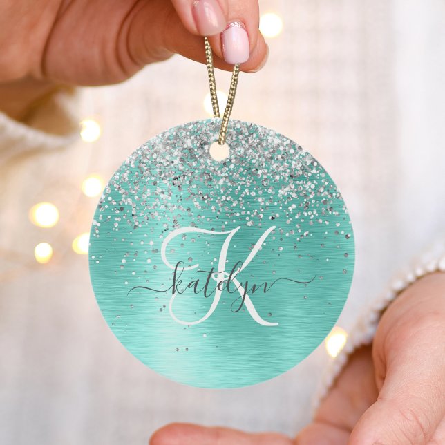Teal Brushed Metal Silver Glitter Monogram Name Ceramic Tree Decoration (Creator Uploaded)