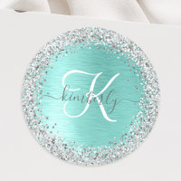 Teal Brushed Metal Silver Glitter Monogram Name