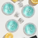 Teal Brushed Metal Silver Glitter Monogram Name Coaster Set<br><div class="desc">Easily personalise this trendy chic coaster set design featuring pretty silver sparkling glitter on a teal brushed metallic background.</div>