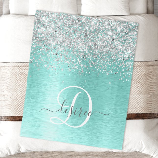 Teal Brushed Metal Silver Glitter Monogram Name Fleece Blanket (Creator Uploaded)