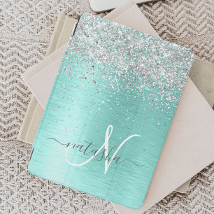 Teal Brushed Metal Silver Glitter Monogram Name iPad Mini Cover