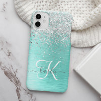 Teal Brushed Metal Silver Glitter Monogram Name