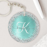 Teal Brushed Metal Silver Glitter Monogram Name Key Ring<br><div class="desc">Easily personalise this trendy chic keychain design featuring pretty silver sparkling faux glitter on a teal brushed metallic background.</div>
