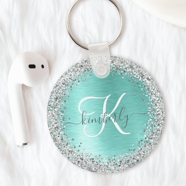 Teal Brushed Metal Silver Glitter Monogram Name Key Ring (Creator Uploaded)