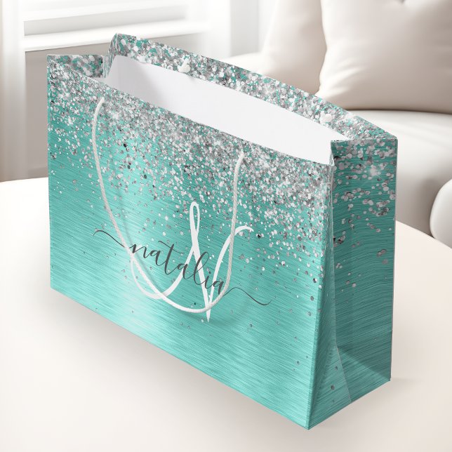 Teal Brushed Metal Silver Glitter Monogram Name Large Gift Bag (Creator Uploaded)