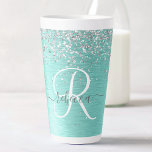 Teal Brushed Metal Silver Glitter Monogram Name Latte Mug<br><div class="desc">Easily personalise this trendy chic latte mug design featuring pretty silver sparkling glitter on a teal brushed metallic background.</div>