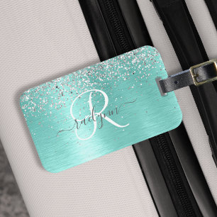 Teal Brushed Metal Silver Glitter Monogram Name Luggage Tag