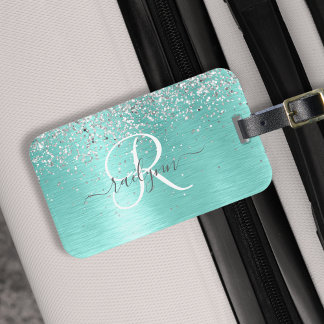 Teal Brushed Metal Silver Glitter Monogram Name Luggage Tag