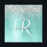 Teal Brushed Metal Silver Glitter Monogram Name Magnet<br><div class="desc">Easily personalize this trendy chic magnet design featuring pretty silver sparkling glitter on a teal brushed metallic background.</div>