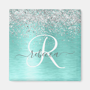 Teal Brushed Metal Silver Glitter Monogram Name Magnet