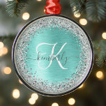 Teal Brushed Metal Silver Glitter Monogram Name Metal Tree Decoration<br><div class="desc">Easily personalise this trendy chic snowflake framed Christmas ornament design featuring pretty silver sparkling glitter on a teal brushed metallic background.</div>
