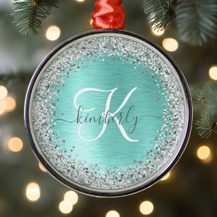 Teal Brushed Metal Silver Glitter Monogram Name Metal Tree Decoration