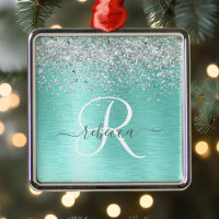 Teal Brushed Metal Silver Glitter Monogram Name