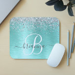 Teal Brushed Metal Silver Glitter Monogram Name Mouse Pad<br><div class="desc">Easily personalise this trendy chic mouse pad design featuring pretty silver sparkling glitter on a teal brushed metallic background.</div>