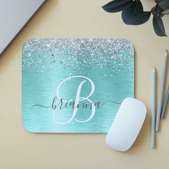 Teal Brushed Metal Silver Glitter Monogram Name Mouse Pad (Creator Uploaded)