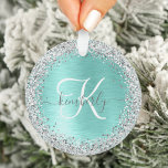 Teal Brushed Metal Silver Glitter Monogram Name Ornament<br><div class="desc">Easily personalise this trendy chic ornament design featuring pretty silver sparkling glitter on a teal brushed metallic background.</div>