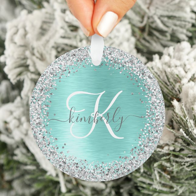 Teal Brushed Metal Silver Glitter Monogram Name Ornament (Creator Uploaded)