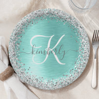 Teal Brushed Metal Silver Glitter Monogram Name