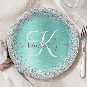 Teal Brushed Metal Silver Glitter Monogram Name Paper Plate