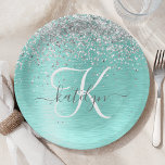 Teal Brushed Metal Silver Glitter Monogram Name Paper Plate<br><div class="desc">Easily personalise this trendy chic paper plates design featuring pretty silver sparkling glitter on a teal brushed metallic background.</div>