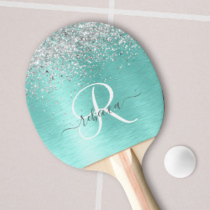Teal Brushed Metal Silver Glitter Monogram Name Ping Pong Paddle