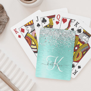 Teal Brushed Metal Silver Glitter Monogram Name Playing Cards