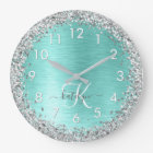 Teal Brushed Metal Silver Glitter Monogram Name