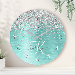 Teal Brushed Metal Silver Glitter Monogram Name Round Clock