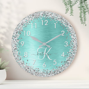 Teal Brushed Metal Silver Glitter Monogram Name Round Clock