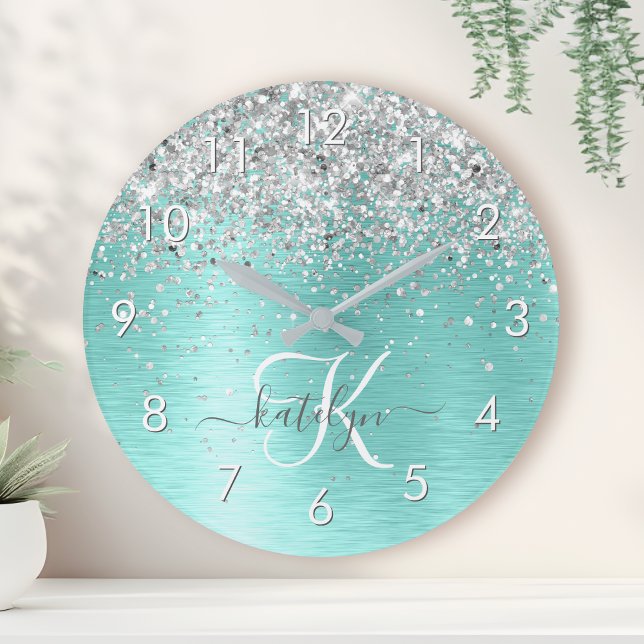 Teal Brushed Metal Silver Glitter Monogram Name Round Clock (Creator Uploaded)