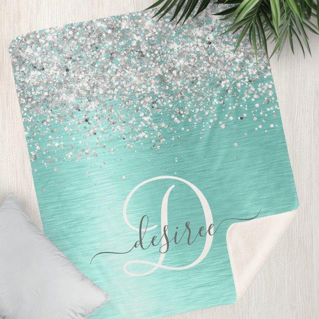 Teal Brushed Metal Silver Glitter Monogram Name Sherpa Blanket (Creator Uploaded)