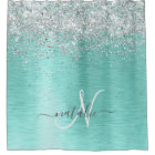 Teal Brushed Metal Silver Glitter Monogram Name