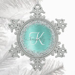 Teal Brushed Metal Silver Glitter Monogram Name Snowflake Pewter Christmas Ornament<br><div class="desc">Easily personalise this trendy chic snowflake framed Christmas ornament design featuring pretty silver sparkling glitter on a teal brushed metallic background.</div>