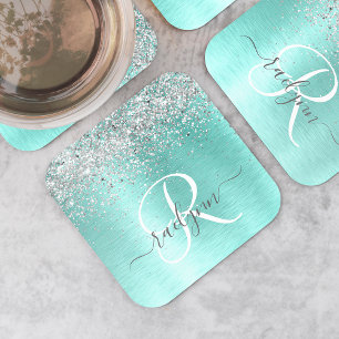 Teal Brushed Metal Silver Glitter Monogram Name Square Paper Coaster