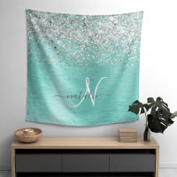 Teal Brushed Metal Silver Glitter Monogram Name