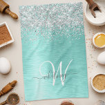 Teal Brushed Metal Silver Glitter Monogram Name Tea Towel<br><div class="desc">Easily personalise this trendy chic kitchen towel design featuring pretty silver sparkling glitter on a teal brushed metallic background.</div>