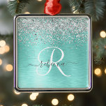 Teal Brushed Metal Silver Glitter Monogram Name Tree Decoration<br><div class="desc">Easily personalize this trendy chic ornament design featuring pretty silver sparkling glitter on a teal brushed metallic background.</div>